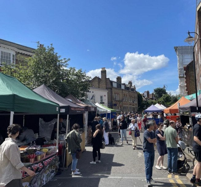 Wimbledon Village Farmers Market on a sunny day