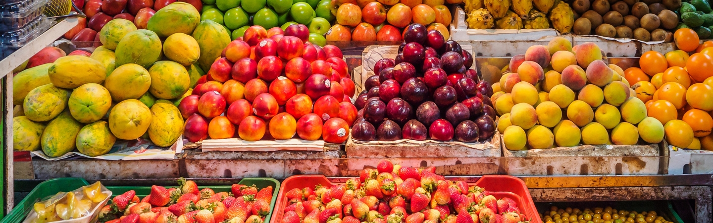 Banner image for Food stores - rows of fresh fruit and vegetables