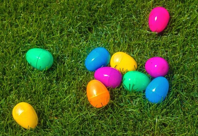 Colourful easter eggs on grass